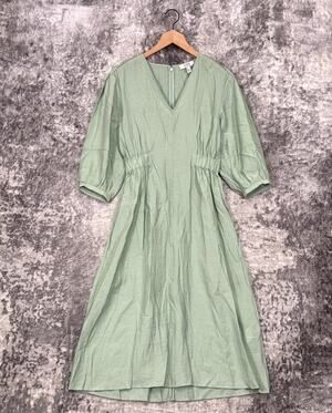 COS Dress 6 Womens Green Woven Ruched Waist Midi
